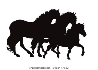 Silueta vectorial de caballos en marcha sobre fondo blanco. Símbolo de semental y raza.