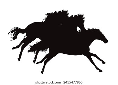 Silueta vectorial de caballos en marcha sobre fondo blanco. Símbolo de semental y raza.