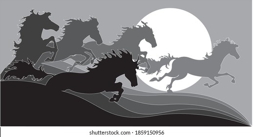 Vector silhouette of running horses under the sun at sunset.