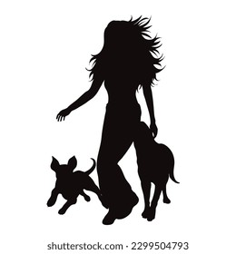 Vector silhouette of running woman with her happy dogs on white background.