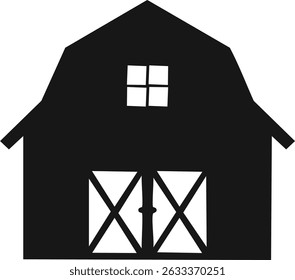 Silhueta vetorial de um celeiro de madeira preto rústico com arquitetura clássica do campo - ícone minimalista da construção da fazenda em estilo preto completo