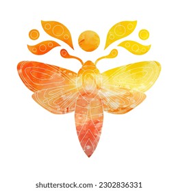 Vector silhouette of sacred orange watercolor moth with moon. Dye colorful outline butterfly clipart. Tracery paint picture of a flying insect for logo, stickers. mole icons