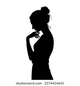 Vector silhouette of a sad, daydreaming woman standing with her arms folded and her hair tied up