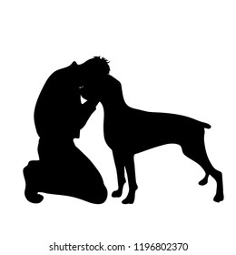 Vector Silhouette Of Sad Man With Dog White Background.