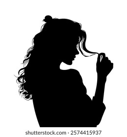 Vector silhouette of sad woman playing with her hair