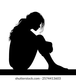 Vector silhouette of sad woman sitting hugging both legs with messy hair