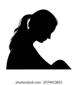 Vector silhouette of sad woman sitting hugging her legs with her hair tied up