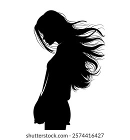 Vector silhouette of a sad woman standing with her long hair flowing in the wind