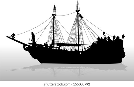 vector silhouette of the sailing ship with the lowered sails
