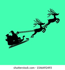 Vector silhouette Santa Claus flying with reindeers on green background.