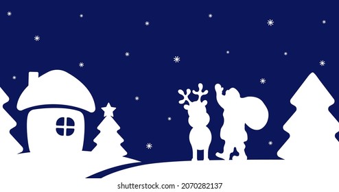Vector silhouette Santa Claus   reindeer dark background  Christmas background and winter village 