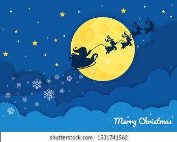 Vector silhouette of Santa Claus riding a sleigh in the night sky with big moons and snowflakes.
