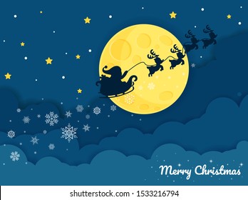 Vector silhouette of Santa Claus riding a sleigh in the night sky with big moons and snowflakes.
