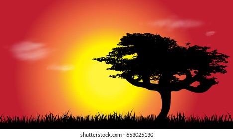 Vector silhouette of savanna at sunset.