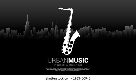 Vector silhouette of saxophone with city background. Concept for city of jazz music.