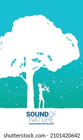 Vector silhouette of saxophonist with big tree. background concept for music for natural and spring time.