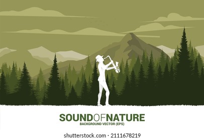 Vector silhouette of saxophonist with big tree. background concept for music for natural and spring time.