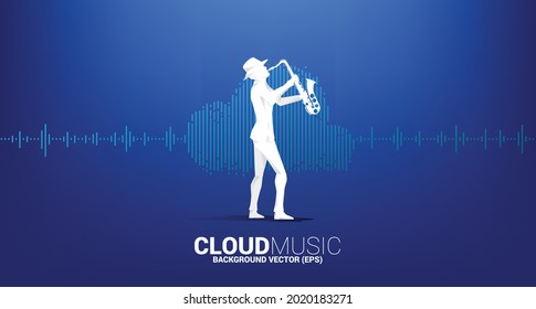 Vector silhouette of saxophonist Cloud music and sound technology concept .equalizer wave as cloud shape