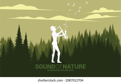 Vector silhouette of saxophonist with green forest. background concept for music for natural and spring time.