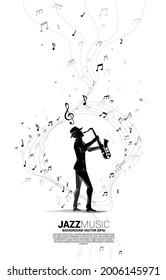 Vector silhouette of saxophonist with music melody note dancing flow . Concept background for classic music concert and recreation.