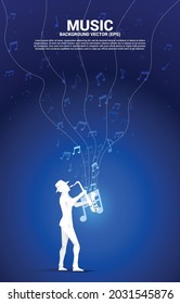 Vector silhouette of saxophonist with music melody note dancing flow . Concept background for jazz music concert and recreation.