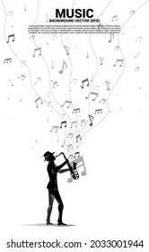 Vector silhouette of saxophonist with music melody note dancing flow . Concept background for classic music concert and recreation.