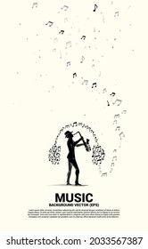 Vector silhouette of saxophonist with music melody note dancing flow with headphone.Concept background for jazz music concert and recreation.