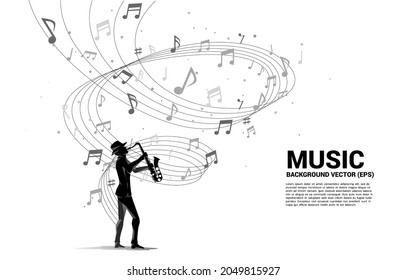 Vector silhouette of saxophonist with music melody note dancing flow . Concept background for classic music concert and recreation.