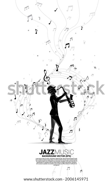 Vector silhouette of saxophonist with music\
melody note dancing flow . Concept background for classic music\
concert and recreation.
