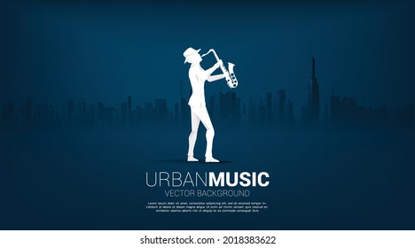 Vector silhouette of saxophonist with music note icon Sound wave Equalizer background. Concept background for jazz song and concert theme.