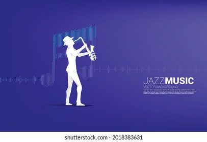 Vector silhouette of the saxophonist with music note icon Sound wave Equalizer background. Concept background for jazz song and concert theme.