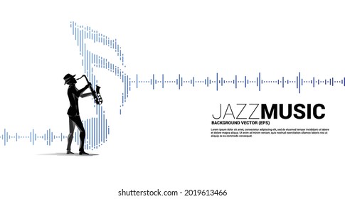 Vector silhouette of the saxophonist with music note icon Sound wave Equalizer background. Concept background for jazz song and concert theme.
