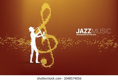 Vector silhouette of the saxophonist with music note icon Sound wave Equalizer background. Concept background for jazz song and concert theme.