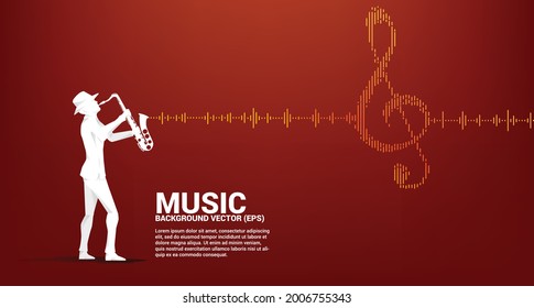 Vector silhouette of saxophonist with Sol key note icon Sound wave Music Equalizer background. background for event concert and music festival