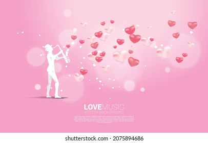 Vector silhouette of saxophonist standing with heart balloon flying . Concept background for love song and concert theme.