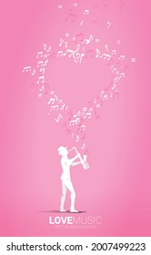 Vector silhouette of saxophonist standing with music note flying as heart shape . Concept background for love song and concert theme.