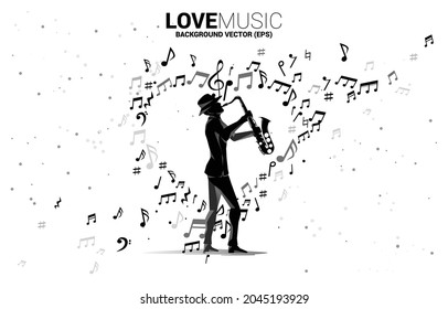 Silueta vectorial de saxofonista de pie con nota musical volando en forma de corazón. Antecedentes conceptuales de la canción de amor y el tema del concierto.