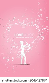 Vector silhouette of saxophonist standing with music note flying as heart shape . Concept background for love song and concert theme.