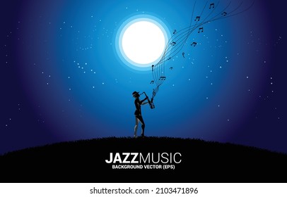 Vector silhouette of saxophonist under the moon. background concept for music for natural and spring time.