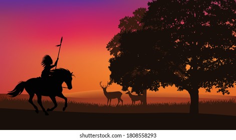 vector silhouette scene with native american indian chief riding horse at forest edge with grazing deer in the sunset background