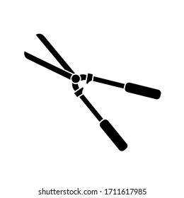 Vector silhouette of scissors for a garden on a white background. For agriculture and caring for plants and vegetables. Flat design of the item without filling. Vector and stock illustration.