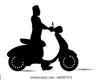 vector silhouette scooter and man on white background