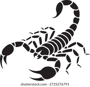 Silhueta vetorial de um escorpião em preto. Perigoso aracnídeo do deserto isolado sobre fundo branco. Perfeito para projetos de vida selvagem, natureza, deserto, Halloween e design.