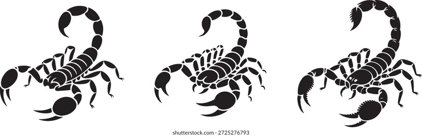 Silhueta vetorial de um escorpião em preto. Perigoso aracnídeo do deserto isolado sobre fundo branco. Perfeito para projetos de vida selvagem, natureza, deserto, Halloween e design.