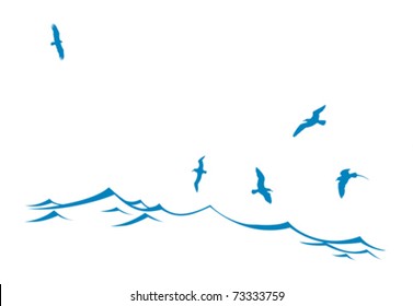 vector silhouette of the sea birds on wave