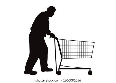 Vector silhouette of senior with stick push shopping cart on white background. Symbol of shop accessories.