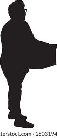 Vector silhouette of senior woman holding cardboard box and looking away 