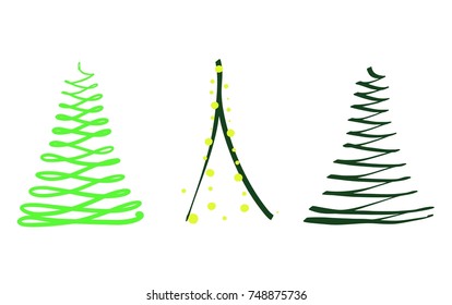 Vector silhouette of set of abstract green Christmas trees with decorative elements as yellow balls, cartoon isolated painted illustration on white background, high quality