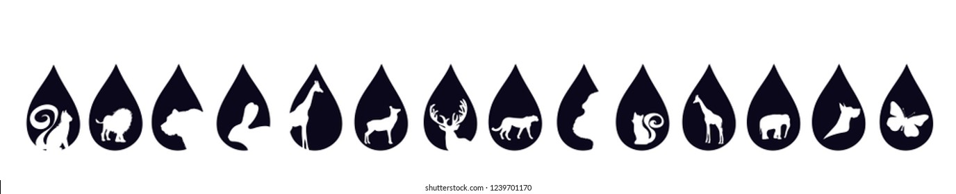 Vector silhouette of set of the animal in the drop on white background.
