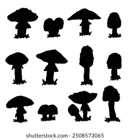 Vector silhouette set of black amanita toadstool mushrooms. Vector collection of isolated fly agaric illustrations on a white background